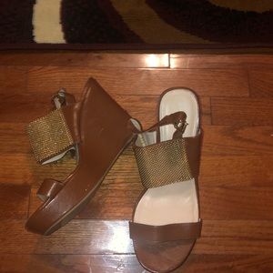 Wedges with Gold embellishments on the wide strap